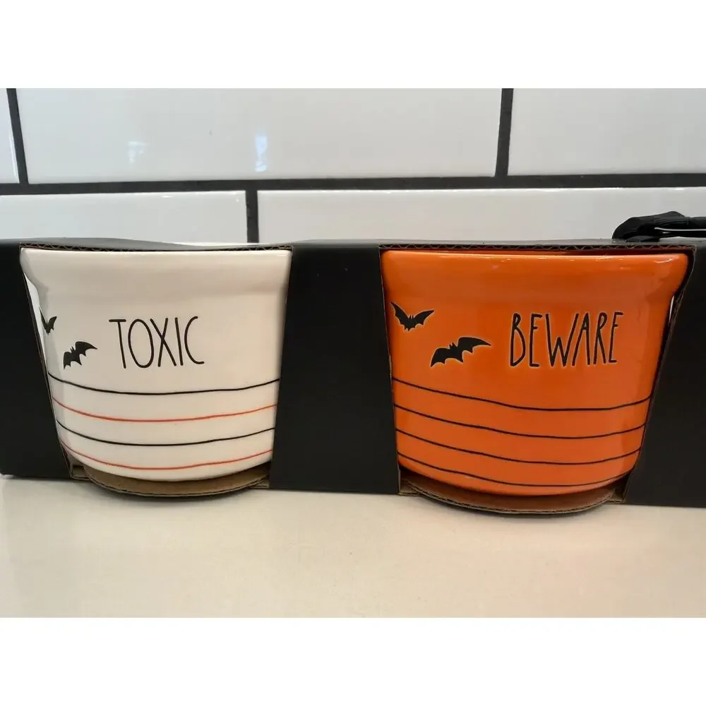 RAE DUNN Set of 4 Halloween Ceramic Ramekins - TOXIC, BEWARE, POISON, EEK! NEW!!